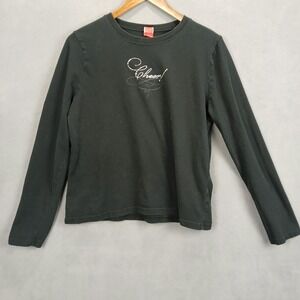 Cheer Shirt Womens XL Black Logo Rhinestone Long Sleeve Round Neck Casual Modern